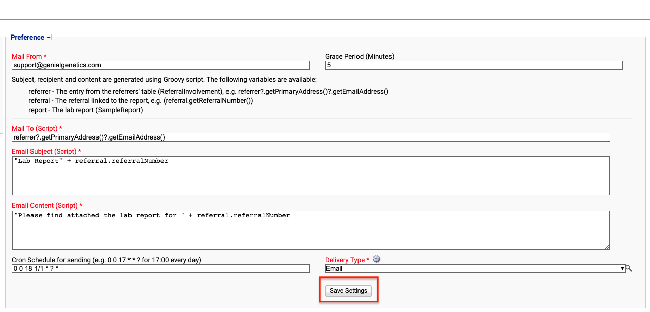 Email Report Preferences editable fields